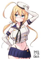 Rule 34 | 1girl, ahoge, aqua eyes, black neckerchief, black panties, blonde hair, blue sailor collar, blue skirt, blush, breasts, commentary request, cosplay, dated, elbow gloves, glasses, gloves, hair ribbon, hand on own hip, hat, highleg, highleg panties, highres, i-8 (kancolle), kantai collection, large breasts, long hair, low twintails, miniskirt, neckerchief, one-hour drawing challenge, owa (ishtail), panties, pleated skirt, red-framed eyewear, ribbon, sailor collar, school uniform, serafuku, shimakaze (kancolle), shimakaze (kancolle) (cosplay), signature, simple background, skirt, solo, twintails, underwear, white background, white gloves