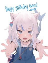 Rule 34 | 1girl, absurdres, animal ears, artist name, bag, blue dress, blue eyes, blue hair, cat ears, character name, cube hair ornament, daiishori, dress, english text, fins, fish tail, gawr gura, gawr gura (casual), hair ornament, happy birthday, highres, hololive, hololive english, incoming hug, kemonomimi mode, looking at viewer, multicolored hair, open mouth, shark tail, sharp teeth, shirt, shoulder bag, solo, streaked hair, suspenders, tail, teeth, virtual youtuber, white background, white hair, white shirt