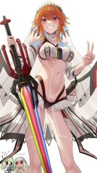 Rule 34 | 3girls, absurdres, altera (fate), altera (fate) (cosplay), blue hair, body markings, breasts, ceres fauna, chibi, cosplay, creator connection, fate/grand order, fate (series), grin, highres, holding, holding sword, holding weapon, hololive, hololive english, large breasts, multicolored hair, multiple girls, navel, nude, orange hair, photon ray (fate), planted, planted sword, planted weapon, purple eyes, smile, smol fauna, somebody (leiking00), stomach, streaked hair, sword, takanashi kiara, v, virtual youtuber, weapon, white veil
