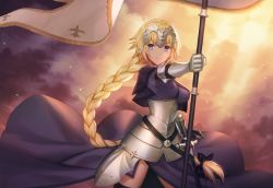 Rule 34 | armor, armored dress, black thighhighs, blonde hair, blue eyes, braid, capelet, dusk, fate/apocrypha, fate (series), faulds, flag, gauntlets, headpiece, jeanne d&#039;arc (fate), jeanne d&#039;arc (ruler) (fate), lazuri7, light rays, long hair, looking at viewer, sheath, sheathed, single braid, sky, smile, solo, sunbeam, sunlight, sword, thighhighs, very long hair, weapon, wind