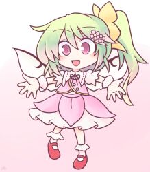 Rule 34 | 1girl, 216, alternate color, daiyousei, dress, fairy, fairy wings, flower, gradient hair, green hair, hair flower, hair ornament, looking at viewer, mary janes, multicolored hair, open mouth, outstretched arms, pink dress, pink eyes, pink flower, red footwear, sakura daiyousei, scrunchie, shoes, side ponytail, simple background, spread arms, touhou, watermark, wings, wrist scrunchie