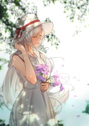 Rule 34 | 1girl, absurdres, bad id, bad pixiv id, blurry, blurry background, closed eyes, closed mouth, dress, flower, hat, hat ribbon, highres, holding, holding flower, kumanoko, long hair, original, petals, purple flower, ribbon, sleeveless, sleeveless dress, solo, sun hat, white dress, white hair, white hat