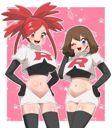Rule 34 | 2girls, :d, ;d, black gloves, black shirt, black thighhighs, blue eyes, breasts, brown hair, cosplay, creatures (company), cropped jacket, cropped shirt, dooon chaaan, elbow gloves, flannery (pokemon), game freak, gloves, gluteal fold, hand on own hip, hands on own hips, highres, jacket, jessie (pokemon), jessie (pokemon) (cosplay), large breasts, looking at viewer, may (pokemon), medium breasts, midriff, miniskirt, multiple girls, navel, nintendo, one eye closed, open mouth, pokemon, pokemon (anime), pokemon rse, red eyes, red hair, shirt, skirt, smile, team rocket, team rocket uniform, teeth, thighhighs, upper teeth only, white jacket, white skirt