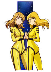 Rule 34 | 2girls, ass, black eyes, blonde hair, blue eyes, bodysuit, breasts, commentary request, dual persona, highres, impossible clothes, long hair, matsumoto leiji (style), medium breasts, military, military uniform, mori yuki, multiple girls, redesign, retro artstyle, scan, science fiction, sketch, space, star (symbol), starry background, taiga hiroyuki, traditional media, uchuu senkan yamato, uchuu senkan yamato 2199, uniform