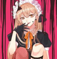 Rule 34 | 1girl, bandage on knee, brown hair, chocolate, chocolate on face, dress, earrings, food, food on face, girls&#039; frontline, gloves, hair between eyes, hair ornament, highres, jewelry, licking, licking finger, long hair, looking at viewer, maid, maid headdress, necktie, open mouth, orange eyes, ppk (girls&#039; frontline), ribbon, simple background, smile, solo, thighhighs