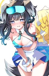 Rule 34 | 1girl, absurdres, animal ears, bare shoulders, black hair, blue archive, blue eyes, blush, bracelet, breasts, cheerleader, cleavage, criss-cross halter, dog ears, dog tail, eyewear on head, goggles, halo, halterneck, hibiki (blue archive), hibiki (cheer squad) (blue archive), highres, holding, holding pom poms, jewelry, long hair, looking at viewer, medium breasts, millennium cheerleader outfit (blue archive), miniskirt, navel, open mouth, pleated skirt, pom pom (cheerleading), pom poms, ponytail, shibakame, sidelocks, skirt, solo, sports bra, star sticker, sticker on face, tail, thighs, white skirt