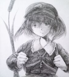 Rule 34 | 1girl, absurdres, commentary, flat cap, graphite (medium), greyscale, hat, highres, ikeda ruriko, kawashiro nitori, key, looking at viewer, medium hair, monochrome, solo, touhou, traditional media, upper body, white background