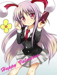 Rule 34 | 1girl, animal ears, bad id, bad pixiv id, blush, box, crescent, female focus, flower, gift, gift box, hand up, happy valentine, jacket, light purple hair, long hair, looking at viewer, necktie, rabbit ears, red eyes, red necktie, reisen udongein inaba, simple background, skirt, smile, solo, suit jacket, tonakai (bunsuka), touhou, very long hair, white background