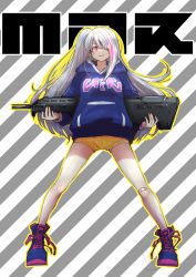 Rule 34 | 1girl, assault rifle, automatic rifle, bandaid, bandaid on knee, bandaid on leg, battle rifle, bullpup, carbine, character name, commentary request, desert tech mdr, full body, girls&#039; frontline, gun, hair over one eye, highres, holding, holding gun, holding weapon, hood, hood down, hoodie, legs apart, long hair, mdr (girls&#039; frontline), one eye closed, one side up, pink eyes, pink hair, rifle, sakurapiyo2, shoes, shorts, smile, solo, standing, striped, striped background, weapon, white hair, yellow shorts
