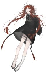 Rule 34 | 1girl, black coat, blue eyes, braid, buttons, coat, feet, highres, long hair, long sleeves, looking at viewer, nail polish, nashiamengo, open mouth, original, red hair, red nails, see-through, see-through shorts, shorts, simple background, single sock, socks, solo, toes, transparent footwear, twin braids, unbuttoned, white background, white socks