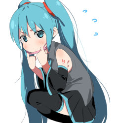 Rule 34 | 1girl, aqua eyes, aqua hair, bad id, bad pixiv id, black thighhighs, body writing, commentary request, detached sleeves, flying sweatdrops, from side, frown, hatsune miku, long hair, looking at viewer, necktie, senjitsu musou, simple background, skirt, solo, squatting, thighhighs, twintails, very long hair, vocaloid, white background