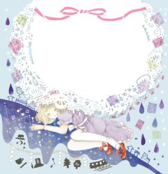 Rule 34 | album cover, blonde hair, bow, cover, crescent, cup, dress, hat, hat ribbon, maribel hearn, onigiri (ginseitou), ribbon, short hair, sleeping, solo, teacup, touhou, train, water drop