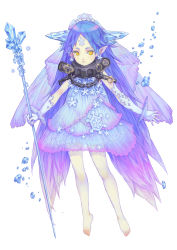 Rule 34 | 1girl, absurdres, avalon code, barefoot, blue hair, blue theme, chain, earrings, facial mark, forehead mark, full body, gloves, haccan, headdress, highres, ice, jewelry, long hair, neaki, pointy ears, simple background, solo, staff, yellow eyes