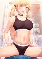 Rule 34 | 1girl, artist name, ball, black choker, black sports bra, blonde hair, blush, breasts, choker, collarbone, ear piercing, exercise ball, female focus, fingernails, gym, gym uniform, hair ornament, hands on own hips, highres, kimoshi, kitagawa marin, large breasts, long fingernails, long hair, looking at viewer, low twintails, nail polish, navel, navel piercing, open mouth, piercing, pink eyes, pink nails, smile, solo, sono bisque doll wa koi wo suru, sports bra, spread legs, teeth, thighs, tongue, tongue out, twintails, upper teeth only, weights