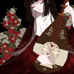 Rule 34 | 1girl, bachi, biwa lute, black background, black hair, blunt bangs, closed eyes, closed mouth, commentary request, cowboy shot, expressionless, eyeshadow, fate/grand order, fate (series), floral background, flower, hand up, haori, head tilt, highres, hime cut, holding, holding instrument, instrument, japanese clothes, kimono, komahime (fate), long hair, long sleeves, lute (instrument), makeup, meno (user enmn4422), music, pale skin, playing instrument, plectrum, red eyeshadow, red flower, red lips, right-over-left kimono, solo, white flower, white kimono, wide sleeves