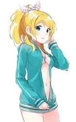 Rule 34 | 10s, 1girl, ayase eli, bad id, bad pixiv id, bikini, bikini top only, blonde hair, blue eyes, blush, bow, cowboy shot, earrings, hair bow, tucking hair, hood, hooded track jacket, hoodie, jacket, jewelry, long hair, looking at viewer, love live!, love live! school idol project, navel, open clothes, open jacket, open mouth, open shirt, ponytail, shirt, simple background, sleeves past wrists, solo, swimsuit, totoki86, track jacket, unzipping, white background