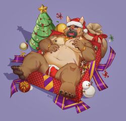 Rule 34 | 1boy, animal ears, bara, belly, blush, brown fur, chaihuliang, christmas, christmas tree, covered penis, dog boy, dog ears, fat, fat man, from above, full body, furry, furry male, hat, highres, large pectorals, looking at viewer, lying, male focus, muscular, muscular male, navel, nipples, official alternate costume, on back, pectorals, red hat, santa costume, santa hat, short hair, shy, snowman, solo, spread legs, thick eyebrows, tokyo houkago summoners, yasuyori (housamo)