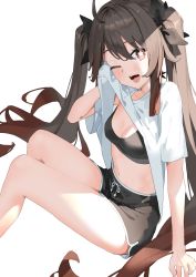 Rule 34 | 1girl, absurdres, blush, breasts, brown hair, flower-shaped pupils, genshin impact, highres, hu tao (genshin impact), long hair, looking at viewer, navel, open mouth, red eyes, short shorts, shorts, small breasts, smile, solo, sports bra, symbol-shaped pupils, thighs, twintails, xkirara39x