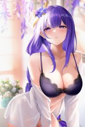 Rule 34 | 1girl, alternate costume, bad id, bad twitter id, bare shoulders, black bra, blurry, blurry background, bra, braid, breasts, cleavage, flower, genshin impact, hair flower, hair ornament, highres, lace, lace-trimmed bra, lace trim, large breasts, leaning forward, liu liaoliao, long hair, long sleeves, looking at viewer, low-braided long hair, low-tied long hair, mole, mole under eye, open clothes, parted lips, purple eyes, purple flower, purple hair, raiden shogun, shirt, sidelocks, single braid, solo, thighs, underwear, very long hair, white shirt