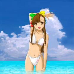 1girl 95-tan bikini brown_eyes brown_hair cloud day female_focus hair_ribbon long_hair non-web_source os-tan ponytail ribbon sky solo swimsuit water white_bikini