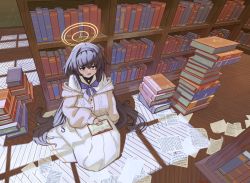 Rule 34 | 1girl, black hair, blue archive, blue eyes, blue neckerchief, book, bookshelf, cardigan, commentary, english commentary, from above, hairband, halo, highres, holding, holding book, indoors, jewelry, jitome, library, long skirt, long sleeves, looking at viewer, low twintails, mandrew, neckerchief, necklace, open book, open mouth, pile of books, pleated skirt, sitting, skirt, sleeves past wrists, solo, twintails, ui (blue archive), white skirt, window shadow, wooden floor