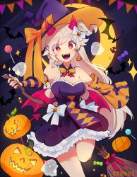 Rule 34 | 1girl, absurdres, artist name, black dress, blonde hair, blush, breasts, bright pupils, broom, ciosuii, cleavage, diamond-shaped pupils, diamond (shape), dress, fangs, halloween, highres, holding, holding broom, jack-o&#039;-lantern, large breasts, long hair, open mouth, original, red eyes, smile, solo, symbol-shaped pupils, teeth, white pupils