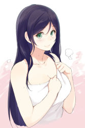 Rule 34 | 10s, 1girl, alternate hairstyle, blush, breasts, cleavage, collarbone, hair down, long hair, love live!, love live! school idol project, naked towel, sasamori tomoe, smile, solo, tojo nozomi, towel, upper body