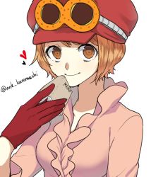 Rule 34 | 1girl, book, brown eyes, curry gohan, gloves, goggles, goggles on headwear, hat, koala (one piece), one piece, ruffled shirt, short hair, smile, solo