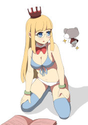 Rule 34 | 1girl, absurdres, bad id, bad pixiv id, bare shoulders, bikini, bikini top only, blonde hair, bloomers, blue bikini, blue eyes, blue thighhighs, blunt bangs, blush, book, bow, bowtie, bracelet, breasts, cameltoe, cleavage, collar, crown, detached collar, front-tie bikini top, front-tie top, glasses, highres, jewelry, kneeling, large breasts, long hair, looking at another, looking to the side, mini crown, navel, open book, original, panties, parted lips, red bow, red bowtie, solo, sparkle, surio, swimsuit, thighhighs, underwear, very long hair, white background, white bloomers, white collar, white panties, wing collar