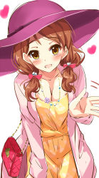 Rule 34 | 10s, 1girl, blush, bow, breasts, brown hair, cleavage, commentary request, cowboy shot, dress, eyebrows, hair bow, hat, heart, highres, hojo karen, idolmaster, idolmaster cinderella girls, jewelry, leaning forward, long hair, long sleeves, looking at viewer, natsu (anta tte hitoha), necklace, open mouth, out of frame, purple hat, solo, upper body, waving, yellow dress, yellow eyes