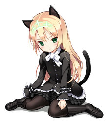 Rule 34 | 1girl, animal ears, black footwear, black pantyhose, blonde hair, blush, boots, cat ears, cat tail, cross-laced footwear, green eyes, heinrike prinzessin zu sayn-wittgenstein, hirschgeweih antennas, knee boots, lace-up boots, long hair, messy (efuya), noble witches, pantyhose, petticoat, sitting, skirt, solo, strike witches, tail, wariza, world witches series