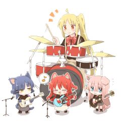 Rule 34 | 4girls, :3, :d, ^ ^, ahoge, animal ear fluff, animal ears, animal hands, asymmetrical hair, band, bass guitar, black shirt, blonde hair, blue eyes, blue hair, blush, bocchi the rock!, bow, bowtie, braid, brown pants, cat ears, cat girl, cat tail, closed eyes, closed mouth, commentary request, cube hair ornament, cymbals, dark blue hair, dog ears, dog girl, dog tail, drum, drum set, drumsticks, electric guitar, fender precision bass, flying sweatdrops, gibson les paul, gotoh hitori, grey skirt, guitar, hair between eyes, hair ornament, hairclip, hand up, holding, holding drumsticks, holding instrument, ijichi nijika, instrument, jitome, kita ikuyo, long hair, looking at another, microphone, microphone stand, mole, mole under eye, multiple girls, music, musical note, notice lines, one side up, open mouth, pants, pink hair, playing instrument, pleated skirt, ponytail, rebecca (keinelove), red bow, red bowtie, red eyes, red hair, shirt, short hair, short sleeves, side ponytail, sidelocks, simple background, sitting, skirt, smile, speech bubble, spoken musical note, standing, suspenders, t-shirt, tail, v-shaped eyebrows, very long hair, white background, white skirt, yamada ryo, yellow eyes