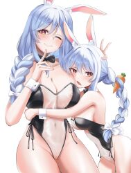 Rule 34 | 2girls, absurdres, animal ears, black leotard, blue hair, blush, bow, braid, braided ponytail, breasts, carrot hair ornament, cleavage, collar, detached collar, food-themed hair ornament, hair bow, hair ornament, highres, hololive, hug, jozahar, large breasts, leotard, long hair, looking at viewer, mature female, medium breasts, mother and daughter, multicolored hair, multiple girls, one eye closed, pekomama, playboy bunny, rabbit ears, rabbit girl, rabbit tail, red eyes, short eyebrows, streaked hair, tail, twin braids, usada pekora, virtual youtuber, white background, white bow, white collar, white hair, white wrist cuffs, wrist cuffs