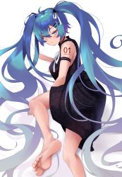 Rule 34 | 1girl, absurdres, alternate costume, barefoot, blue eyes, blue hair, blush, dress, feet, female focus, hair between eyes, hair ornament, hairclip, hatsune miku, highres, long hair, looking at viewer, soles, solo, tattoo, toes, twintails, very long hair, vocaloid, white background