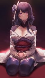 Rule 34 | 1girl, absurdres, allze, braid, breasts, bridal gauntlets, choker, cleavage, commentary, cup, english commentary, flower, full body, genshin impact, hair flower, hair ornament, head tilt, highres, holding, holding cup, japanese clothes, kimono, large breasts, long sleeves, looking at viewer, low-braided long hair, low-tied long hair, messy hair, mitsudomoe (shape), mole, mole under eye, obi, obiage, obijime, purple eyes, purple flower, purple hair, purple kimono, purple thighhighs, raiden shogun, red background, red ribbon, ribbon, ribbon choker, sash, seiza, shrug (clothing), signature, sitting, solo, thighhighs, tomoe (symbol), wide sleeves