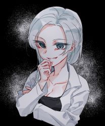 Rule 34 | 1girl, black shirt, blue eyes, blue hair, breasts, cleavage, coat, collarbone, commentary request, enomoto noa, grin, hand on own chin, highres, kosato86, lab coat, light blue hair, long sleeves, low ponytail, medium breasts, open clothes, open coat, parted bangs, saibou shinkyoku, shirt, smile, solo, upper body