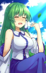 Rule 34 | 1girl, blue hairband, blue skirt, breasts, chest sarashi, closed eyes, collared vest, commentary request, day, detached sleeves, frog hair ornament, green hair, hair ornament, hair tubes, hairband, highres, kochiya sanae, long hair, long sleeves, medium breasts, midriff, open mouth, outdoors, sarashi, sitting, skirt, solo, sweat, touhou, very long hair, vest, white sleeves, white vest, wide sleeves, yosshy