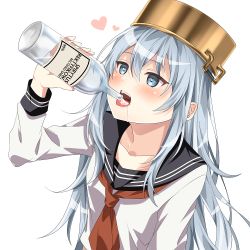 Rule 34 | 1girl, alcohol, anchor symbol, artist name, black sailor collar, blue eyes, commentary request, drinking, heart, heart-shaped pupils, hibiki (kancolle), kantai collection, kukimaru, long hair, neckerchief, open mouth, pot on head, red neckerchief, sailor collar, school uniform, serafuku, silver hair, simple background, solo, symbol-shaped pupils, upper body, vodka, white background