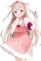Rule 34 | 1girl, :d, apron, armband, bandaged arm, bandages, blush, brown hair, center frills, commentary request, fang, frills, hair between eyes, hair ornament, hands up, hat, heart, highres, holding, holding syringe, idemitsu, long hair, looking at viewer, natori sana, nurse, nurse cap, open mouth, pink apron, pink hat, pleated skirt, puffy short sleeves, puffy sleeves, rabbit hair ornament, red eyes, sana channel, shirt, short sleeves, simple background, skirt, smile, solo, standing, syringe, two side up, very long hair, virtual youtuber, white background, white shirt, white skirt