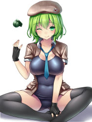 Rule 34 | 1girl, ;p, beret, black gloves, black thighhighs, blue necktie, breasts, butterfly sitting, collar, covered navel, explosive, fingerless gloves, gloves, green eyes, green hair, grenade, hat, jacket, looking at viewer, matching hair/eyes, necktie, one-piece swimsuit, one eye closed, open clothes, open jacket, original, school swimsuit, short hair, simple background, sitting, solo, swimsuit, thighhighs, tongue, tongue out, tsukumiya amane, white background, wink