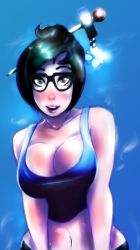Rule 34 | 1girl, bare shoulders, blush, breasts, brown eyes, brown hair, cleavage, highres, large breasts, looking at viewer, mei (overwatch), midriff, navel, open mouth, overwatch, overwatch 1, solo, tank top
