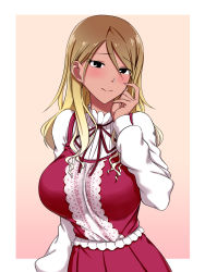 Rule 34 | 1girl, aki (aoirowings), black eyes, blonde hair, blush, breasts, brown hair, closed mouth, dark-skinned female, dark skin, dress, gradient hair, hair between eyes, highres, idolmaster, idolmaster shiny colors, izumi mei, lace, lace-trimmed dress, lace trim, large breasts, long hair, long sleeves, looking at viewer, multicolored hair, pinafore dress, purple dress, scratching cheek, shirt, sleeveless dress, solo, white shirt