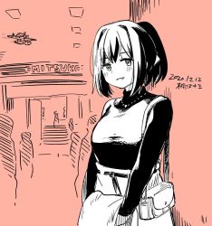 Rule 34 | 1girl, bag, brown hair, dated, hair ribbon, ise (kancolle), jewelry, kantai collection, kirisawa juuzou, lineart, looking at viewer, mitsukoshi (department store), monochrome, necklace, official alternate costume, ponytail, ribbon, shop, skirt, solo, sweater, turtleneck