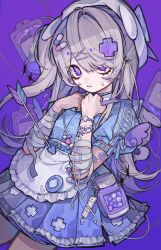 Rule 34 | 1girl, apron, arrow (projectile), bandaged arm, bandages, blue dress, dress, grey hair, highres, long hair, one side up, original, pill hair ornament, puffy short sleeves, puffy sleeves, purple eyes, short sleeves, solo, tira 27, white apron, white headwear