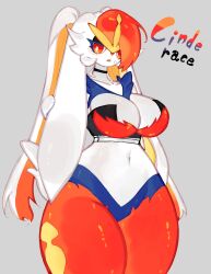 Rule 34 | blue fur, bored, breasts, choker, cinderace, cleavage, creatures (company), crest, furry, furry female, game freak, gen 8 pokemon, highres, large breasts, long hair, looking at viewer, midriff, multicolored hair, navel, nintendo, orange eyes, orange fur, orange hair, pokemon, pokemon (creature), rabbit ears, rabbit girl, rabbit tail, thick thighs, thighs, togetoge, white fur, white hair, wide hips