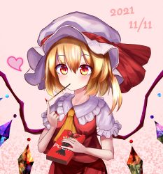 Rule 34 | 1girl, absurdres, ascot, blonde hair, blush, box, crystal, dated, dot nose, eyelashes, fingernails, flandre scarlet, food in mouth, frilled shirt collar, frilled sleeves, frills, hair between eyes, hat, hat ribbon, heart, highres, holding, holding box, long fingernails, mob cap, mouth hold, nail polish, one side up, pink background, pocky day, puffy short sleeves, puffy sleeves, r utchi, red eyes, red nails, red ribbon, red vest, ribbon, short sleeves, side ponytail, slit pupils, solo, standing, touhou, upper body, vest, white hat, white sleeves, wings, yellow ascot