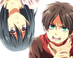 Rule 34 | 1boy, 1girl, black eyes, black hair, blue eyes, brown hair, eren yeager, mikasa ackerman, sea-ss5578, shingeki no kyojin, upside-down, aged down