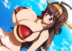 Rule 34 | 10s, 1girl, absurdres, ahoge, artist name, blush, breast hold, breasts, brown hair, bursting breasts, cleavage, curvy, giant, giantess, headgear, highres, huge breasts, kantai collection, kongou (kancolle), long hair, mgear, moralgear, navel, purple eyes, skindentation, smile, swimsuit, watermark, wide hips