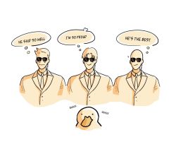 Rule 34 | 3boys, bald, bird, closed mouth, collared shirt, commentary request, duck, english text, forehead, formal, highres, mafiaduck (nilan), male focus, multiple boys, necktie, nilan 1999, original, parted bangs, shirt, short hair, simple background, smile, suit, sunglasses, thought bubble, upper body, white background