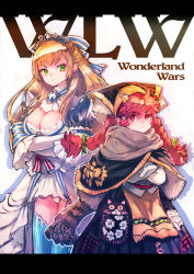 Rule 34 | 2girls, :&lt;, ahoge, animal print, arm garter, armor, ascot, black skirt, blonde hair, blue thighhighs, bow, boyaking, braid, breast hold, breasts, brooch, capelet, cat print, cendrillion (wonderland wars), cleavage, closed mouth, copyright name, crossed arms, dress, dress shirt, earrings, eyebrows, frills, fringe trim, frown, gem, green bow, green eyes, hair between eyes, hair bow, hair ornament, hair ribbon, hairclip, half updo, headdress, jewelry, lace, lace-trimmed dress, lace trim, large breasts, letterboxed, long hair, long sleeves, looking at viewer, mikusa, multiple girls, panties, pantyshot, plaid, pocket, red eyes, red hair, ribbon, ringed eyes, sash, scarf, shirt, shoulder armor, simple background, skirt, standing, star (symbol), star hair ornament, stitches, striped bow, striped ribbon, thighhighs, tiara, twin braids, underwear, white background, white dress, white panties, white shirt, wide sleeves, wonderland wars, x hair ornament